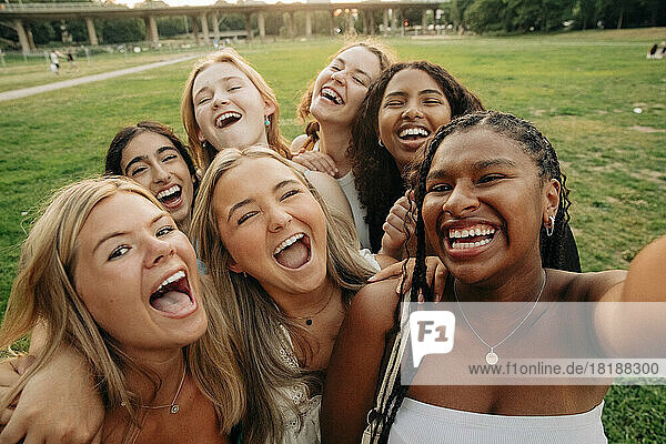 Porträt von fröhlichen Teenager-Mädchen nehmen Selfie im Park