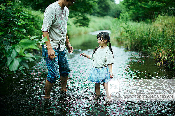 Japanese kid with her father at city park