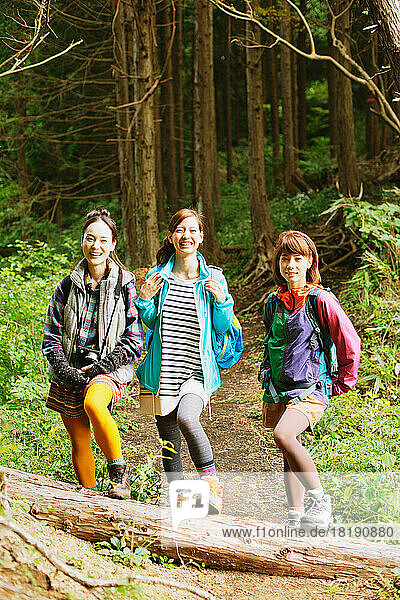 Three girls hiking in the mountains