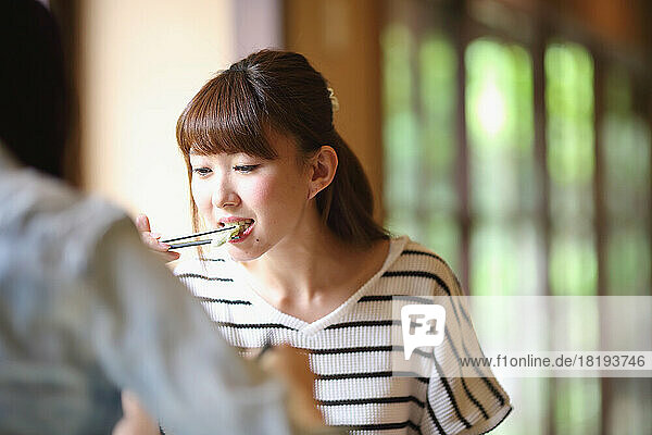 Japanese woman having lunch