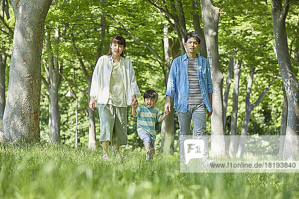 Japanese family holding hands in the fresh greenery