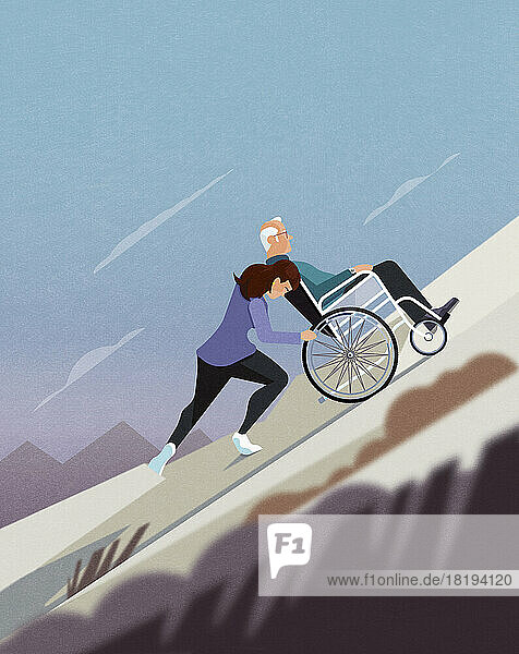 Frau müht sich ab  einen älteren Mann im Rollstuhl bergauf zu schieben