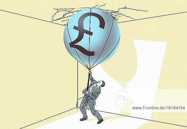 Geschäftsmann kämpft  um einen Pfund-Inflationsballon zurückzuhalten
