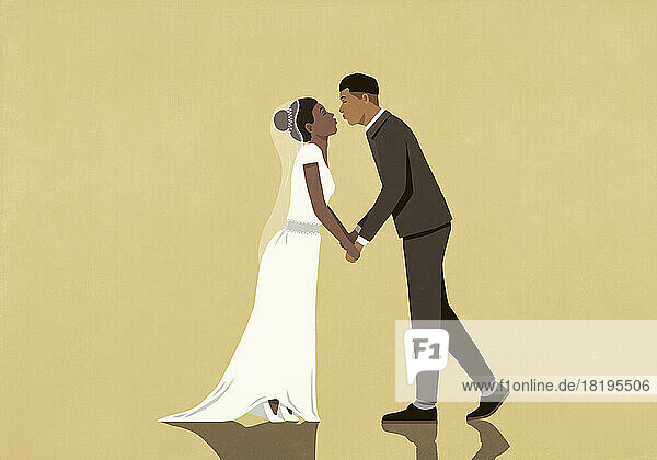 Braut und Bräutigam küssen sich auf gelbem Hintergrund
