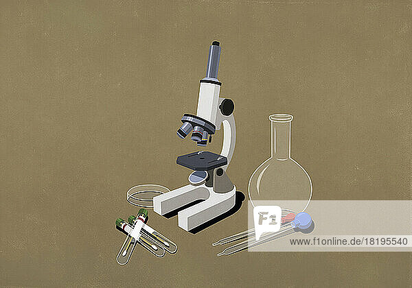 Science microscope  beaker  pipettes  and test tubes