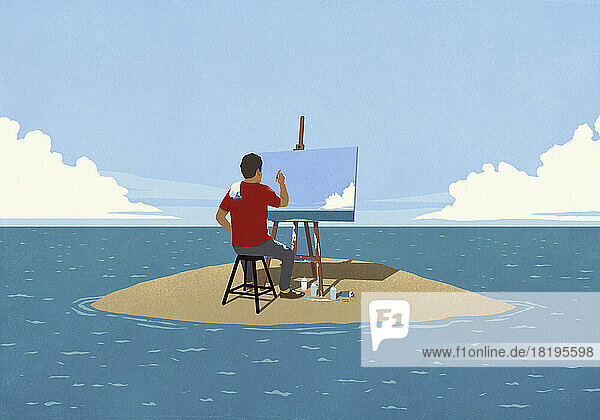 Mann malt an einer Staffelei auf einer abgelegenen Insel im Meer