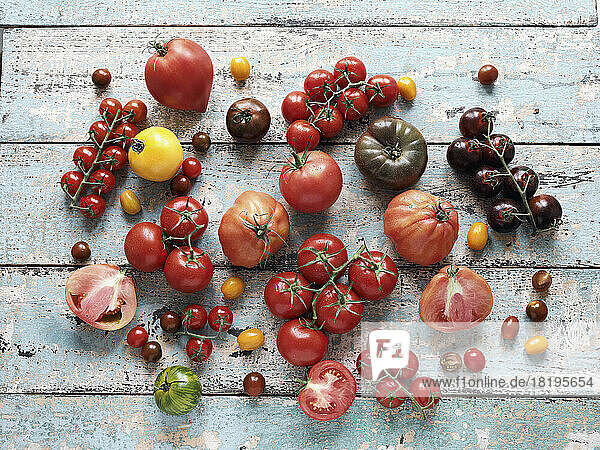Still life variety of tomatoes on rustic background