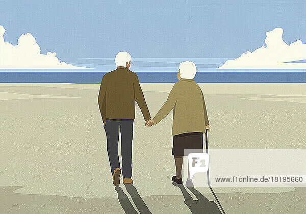 Zärtliches älteres Paar  das sich an den Händen hält und am sonnigen Strand spazieren geht