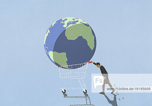 Businessman investor pushing large globe in shopping cart