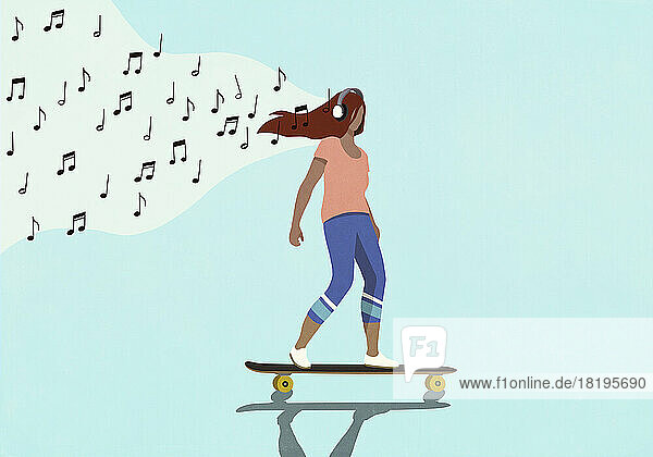 Unbekümmerte Frau  die Skateboard fährt und mit Kopfhörern Musik hört