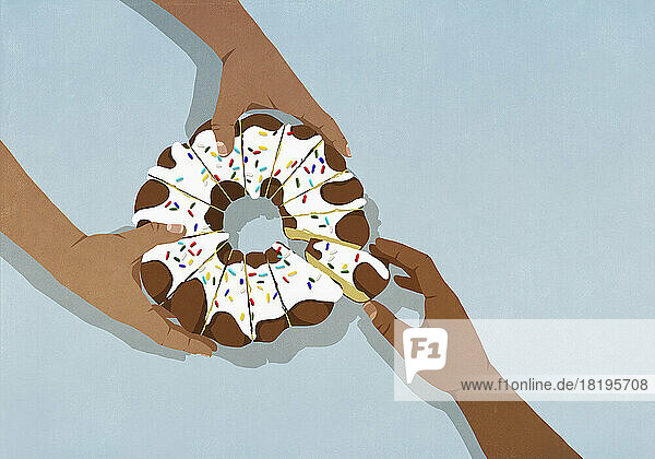 View from above hands reaching for slice of frosted bundt cake