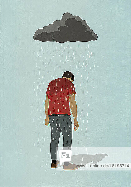 Regenwolke über deprimiertem Mann
