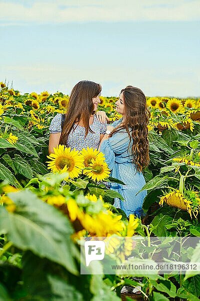 Zwei Freundinnen lehnen sich auf einem Sonnenblumenfeld aneinander