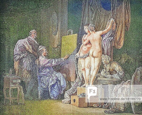 Maler und seine beiden Modelle  Aktmodelle  Aktmalerei  Kupferstich aus Frankreich  ca 1770  digital restaurierte Reproduktion einer Originalvorlage aus dem 19. Jahrhundert  genaues Originaldatum nicht bekannt