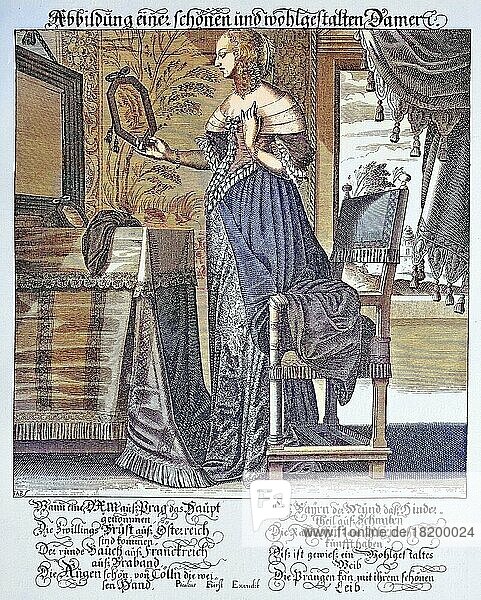 Abbildung einer schönen und wohlgestalteten Dame  Kupferstich von Paulus Fürst aus dem Ende des 16. Jahrhunderts  digital restaurierte Reproduktion einer Originalvorlage aus dem 19. Jahrhundert  genaues Originaldatum nicht bekannt