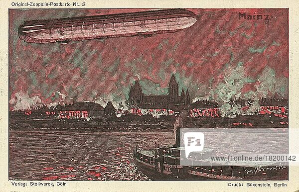Zeppelin über Mainz  Rheinland-Pfalz  Deutschland  Ansicht um ca 1910  digitale Reproduktion einer historischen Postkarte  public domain  aus der damaligen Zeit  genaues Datum unbekannt  Europa