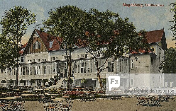 Das Schützenhaus in Magdeburg  Sachsen-Anhalt  Deutschland  Ansicht um ca 1910  digitale Reproduktion einer historischen Postkarte  public domain  aus der damaligen Zeit  genaues Datum unbekannt  Europa