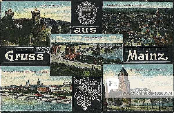 Gruss aus Mainz  Rheinland-Pfalz  Deutschland  Ansicht um ca 1910  digitale Reproduktion einer historischen Postkarte  public domain  aus der damaligen Zeit  genaues Datum unbekannt  Europa