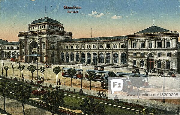 Bahnhof in Mannheim  Baden-Württemberg  Deutschland  Ansicht um ca 1910  digitale Reproduktion einer historischen Postkarte  public domain  aus der damaligen Zeit  genaues Datum unbekannt  Europa