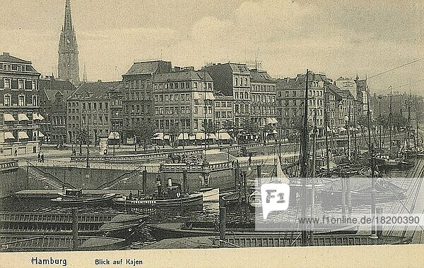 Blick auf Kajen  Hamburg  Deutschland  Postkarte Text  Ansicht um ca 1910  Historisch  digitale Reproduktion einer historischen Postkarte  public domain  aus der damaligen Zeit  genaues Datum unbekannt  Europa