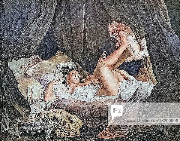 Frau mit Hund im Bett  La Gimblette. Galanter französischer Kupferstich von Bertony nach einem Gemälde von Fragonard  um 1755  digital restaurierte Reproduktion einer Originalvorlage aus dem 19. Jahrhundert  genaues Originaldatum nicht bekannt