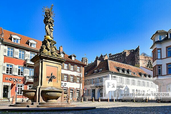 Kornmarkt in der historischen Altstadt  Brunnen mit goldener Madonnenstatue und Blick auf das historische Heidelberger Schloss im Hintergrund  Heidelberg  Deutschland  Europa