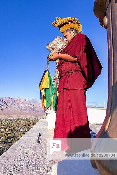 Monks blowing conches at Spituk Monastery (Gompa)  Ladakh  India  Asia