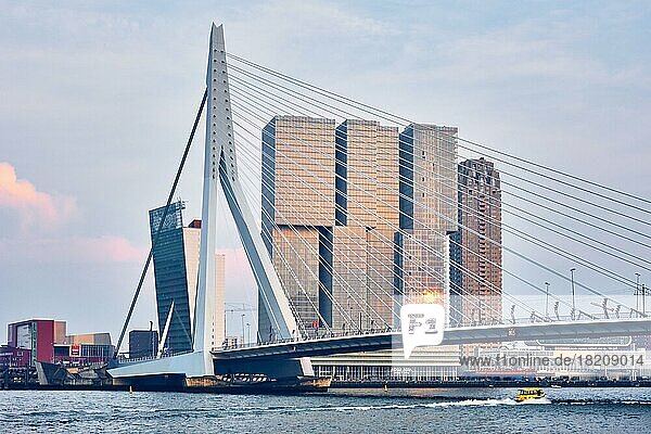 ROTTERDAM  NETHERLANDS  MAY 25  2018: Rotterdam cityscape and Erasmus bridge over Nieuwe Maas on sunset. Rotterdam  Netherlands