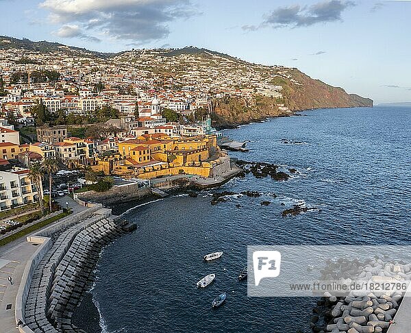 Aerial view  old town with harbour  Sao Tiago fortress  Funchal  Madeira  Portugal  Europe
