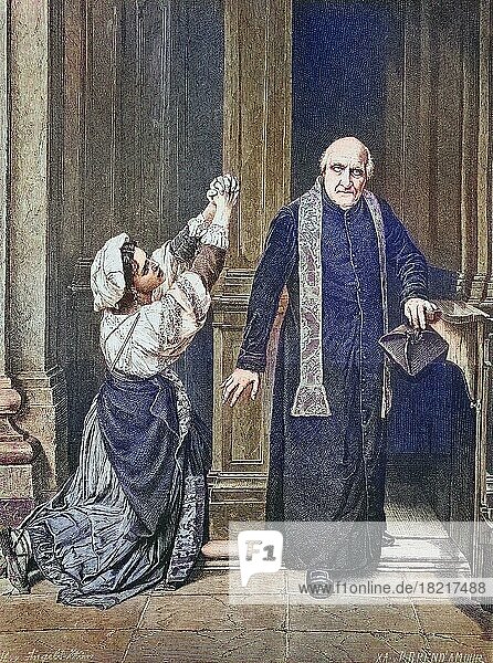 Frau und Priester am Beichtstuhl  Historisch  digital restaurierte Reproduktion einer Originalvorlage aus dem 19. Jahrhundert