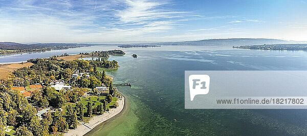 Aerial view of the Mettnau peninsula near Radolfzell  with the island of Reichenau on the horizon  Constance district  Baden-Württemberg  Germany  Europe