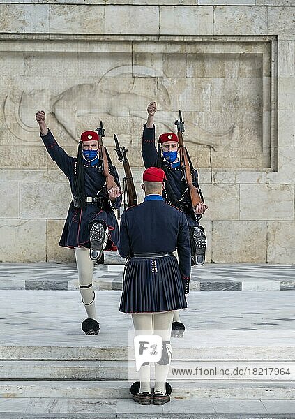 Detachment of the Presidential Guard Evzones in front of the Monument to the Unknown Soldier near the Greek Parliament  Syntagma Square  Athens  Greece  Europe