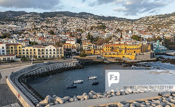 Aerial view  old town with harbour  Sao Tiago fortress  Funchal  Madeira  Portugal  Europe