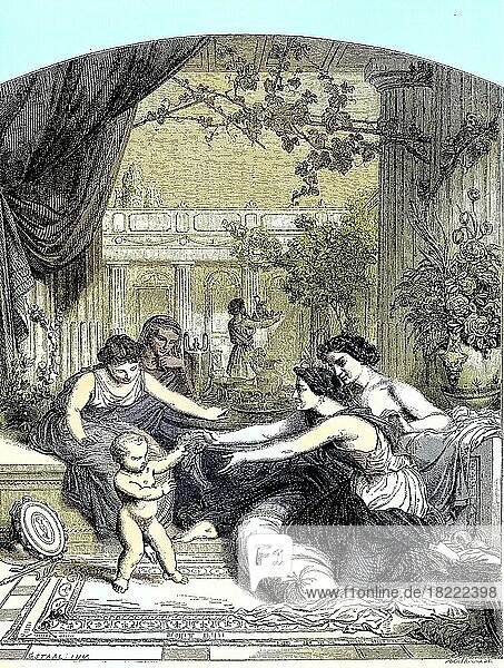 Szene aus Pompeji  mehrere Frauen und ein Baby auf der Terrasse  um 70 n. Chr. Italien  Historisch  digital restaurierte Reproduktion einer Vorlage aus dem 19. Jahrhundert