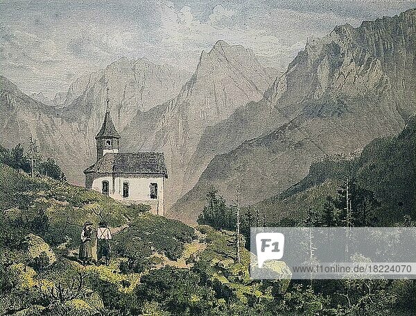Ein Bauernpaar in der Nähe einer Kapelle am Kaisergebirge  Kaisergebirge  Wilder Kaiser  Österreich  Historisch  digital restaurierte Reproduktion einer Originalvorlage aus dem 19. Jahrhundert  Europa