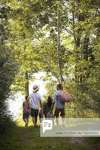 Familie beim gemeinsamen Spaziergang im Sommerurlaub im Wald