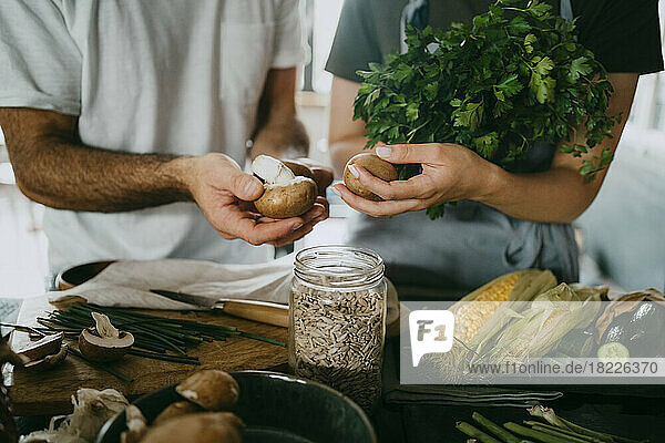 Midsection of male and female entrepreneurs holding mushrooms by jar with seeds at studio kitchen