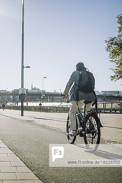 Geschäftsmann fährt Fahrrad auf der Fahrbahn an einem sonnigen Tag