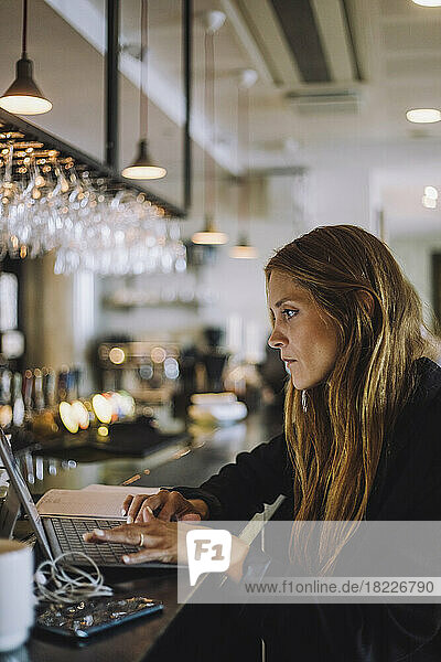Side view of businesswoman using laptop at bar counter