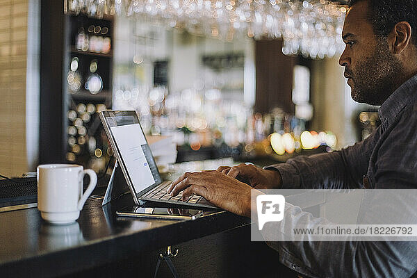 Side view of male entrepreneur using laptop at bar counter in restaurant