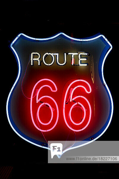 Close-up of route 66 neon sign
