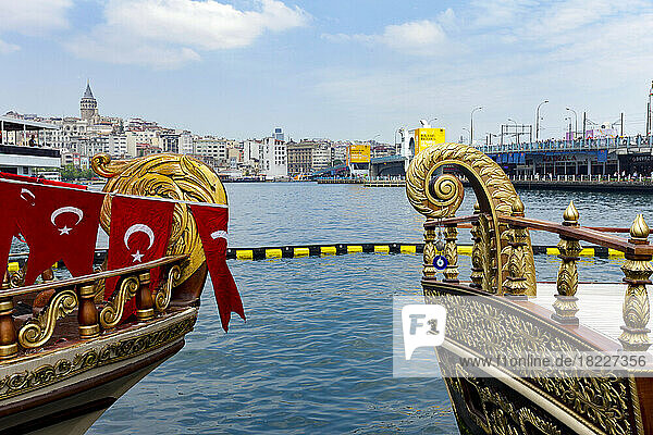 Turkey  Istanbul  Moored boats with gold ornaments on Bosphorus
