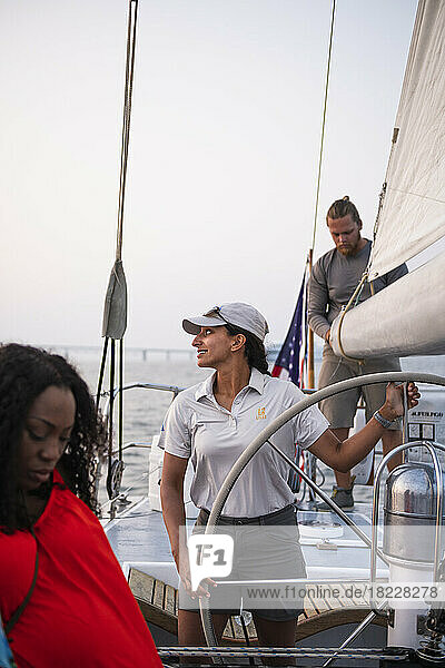 Captain Shivani Sood on Newport sailing charter Heritage 12M