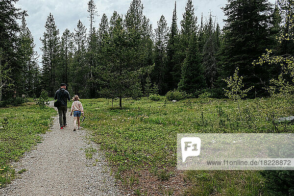 Father and daughter walking down hiking trail in forest