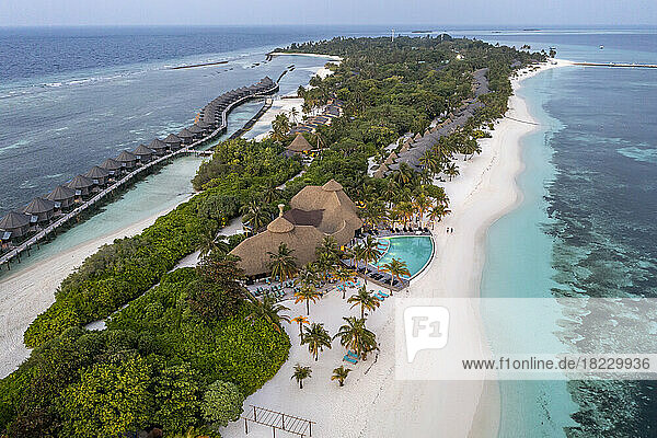 Aerial view of tourist resort and water bungalows at Maldives