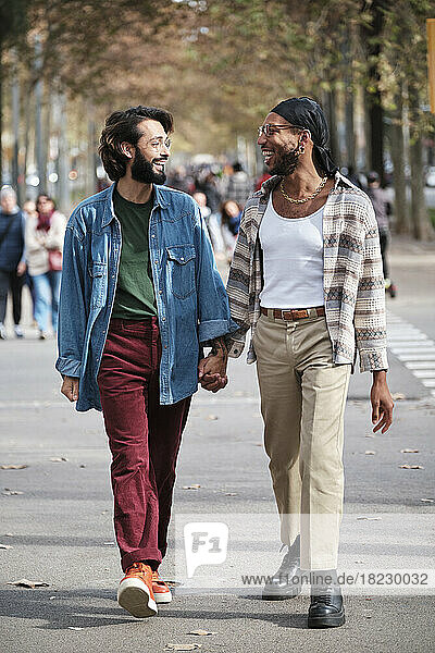 Smiling gay couple holding hands walking on road