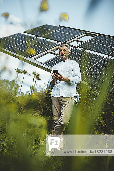 Mature man leaning on solar panels with smart phone at garden