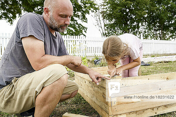 Father teaching daughter to measure wooden raised bed in back yard