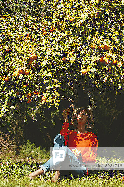 Woman eating organic orange fruit sitting under tree