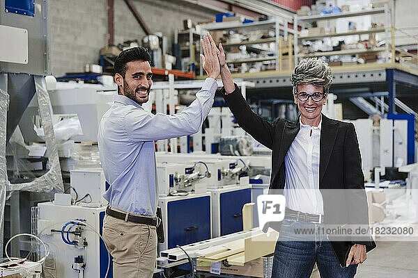 Happy businessman giving high-five to colleague in industry